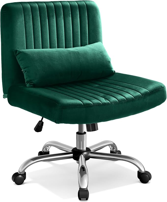 Warmiehomy Velvet Criss Cross Office Chair with Wheels, Luxury Cross Legged Desk Chair for Bedroom, Armless Wide Seat Computer Chair, Modern Vanity Chair, Gift for Teens & Girlfriend, Emerald Green