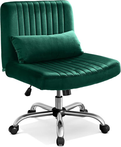 Warmiehomy Velvet Criss Cross Office Chair with Wheels, Luxury Cross Legged Desk Chair for Bedroom, Armless Wide Seat Computer Chair, Modern Vanity Chair, Gift for Teens & Girlfriend, Emerald Green