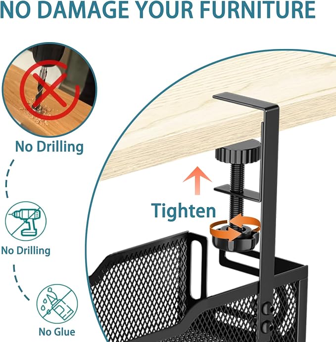 Under Desk Cable Management Tray, No Drill Mesh Desk Cable Tray, Wire Management Tray Cable Management Rack, Wire Organizer and Cable Management Box (Black)