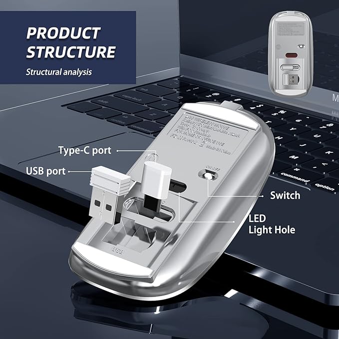 Halpilt Wireless Mouse Chargeable Portable Silent USB and Type-C Dual Mode Wireless Mouse 3 Adjustable DPI for Laptop, Mac, Android, PC (Q23S Grey)