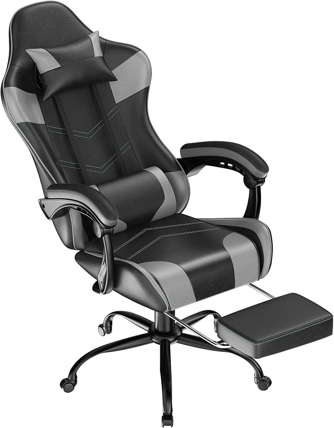 Gaming Chair with Footrest, Ergonomic Video Game Chair with Headrest and Lumbar Support, 400 lbs Adult Chair, Height Adjustable 360° Swivel High Back Reclining Computer Chair for Home Office (Grey)