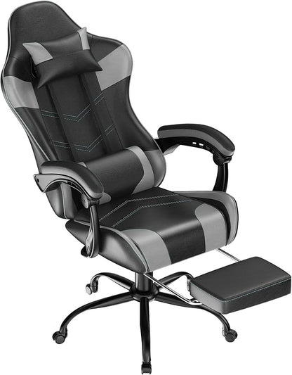 Gaming Chair with Footrest, Ergonomic Video Game Chair with Headrest and Lumbar Support, 400 lbs Adult Chair, Height Adjustable 360° Swivel High Back Reclining Computer Chair for Home Office (Grey)