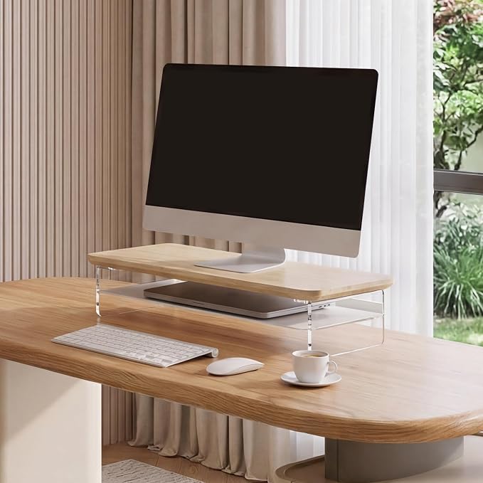 Fenge Acrylic Monitor Stand Riser, 23.6 Inches Monitor Stand with Metal Storage, 2 Tier Acrylic Computer Riser for Desk, Clear Laptop Stand for PC, Laptop, Printer, TV