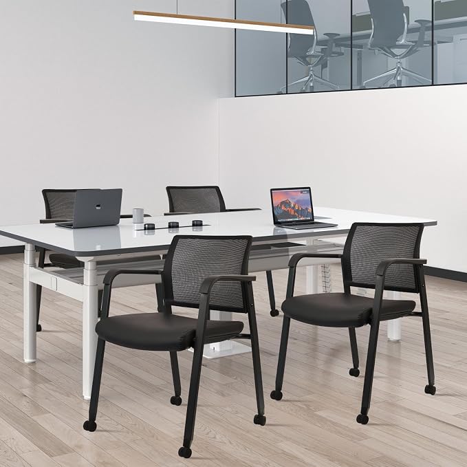 CLATINA Mesh Back Guest Reception Stacking Chair with Wheels, Waiting Room Stackable Chairs with Upholstered Leather Seat & Ergonomic Lumbar Support for Office Conference School Lobby, Black, 8 Pack