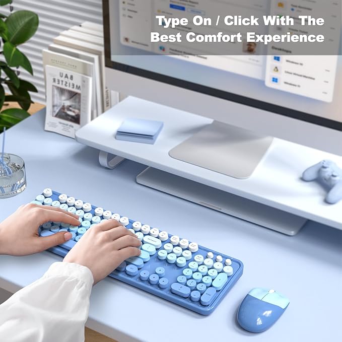 Dilter Wireless Keyboard Mouse Combo, Typewriter Full Size Keyboard with Number Pad and 2 in 1 USB Connected Mouse for Windows 7/8/10, Laptop, Desktop, PC, Computer (Blue)
