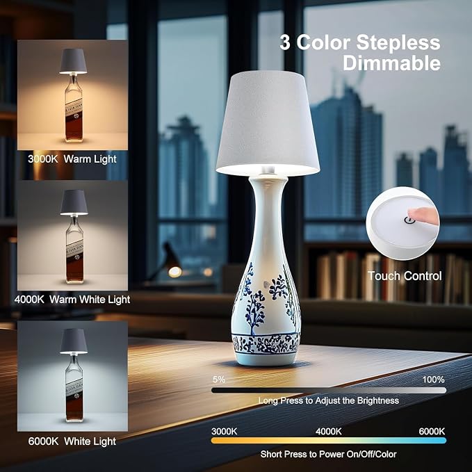 2 Pack Wireless Bottle Lamp,Rechargeable LED Wine Bottle Lamp Shade with Touch Dimming,3 Color Temperatures, Cordless Bottle Lights for Liquor Bottles,Bar, Restaurant,Bedroom Decor (Bronze,2pcs)