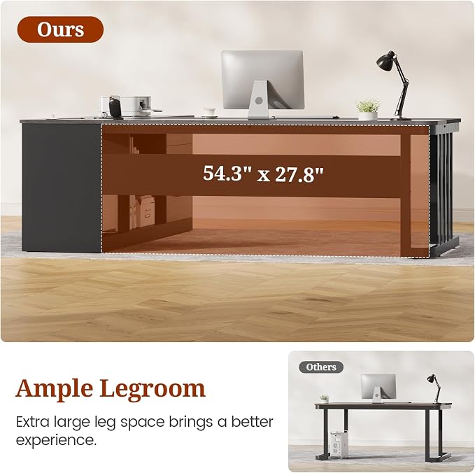 UPOSOJA 71" Executive Desk, Large Office Desk with Drawers & Storage Shelves, Modern L Shaped Computer Desk Corner Desk with Power Outlets, File Cabinet, Business Furniture Desk Workstation (Grey)