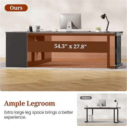 UPOSOJA 71" Executive Desk, Large Office Desk with Drawers & Storage Shelves, Modern L Shaped Computer Desk Corner Desk with Power Outlets, File Cabinet, Business Furniture Desk Workstation (Grey)