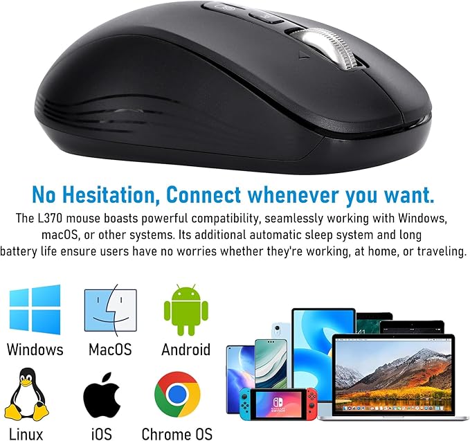 Wireless Bluetooth Mouse, 3-Device Multi-Mode (USB + 2 Bluetooth), 4-Way Metal Scroll Wheel, Adjustable DPI, Silent Click, Long Battery Life, Ergonomic Mouse for Laptop, PC, Mac, iPad (Dark Black, 7)