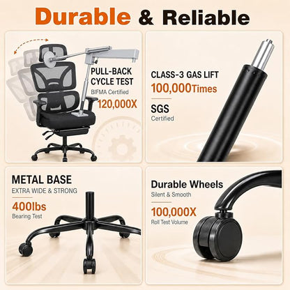 Ergonomic Office Chair with Footrest - High Mesh Back Computer Desk Chair | with Back Support, 135° Reclining, 4D Armrest & Headrest, 400lbs Thickened Seat Cushion, for Home Office, Work & Gaming