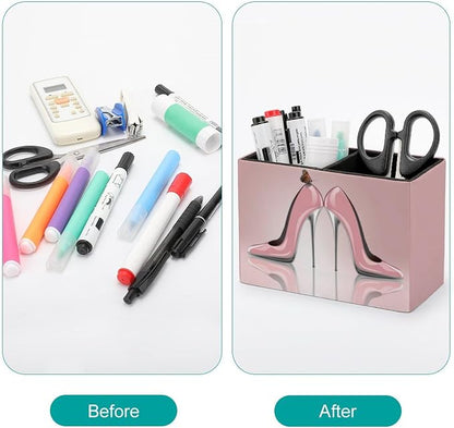 Pen Holder, Pencil Holder for Desk Organizer, Pink High Heel Shoes Butterfly PU Leather Pencil Cups Desktop Stationery Storage Makeup Brush Holder Pen Organizer for Office Home