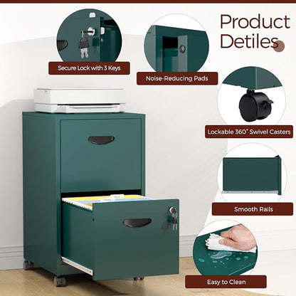 2 Drawer Mobile File Cabinet with Lock, Green Metal Filing Cabinets with Wheels, Vertical Rolling File Cabinet Fit Hanging Files, Letter and A4 Documents