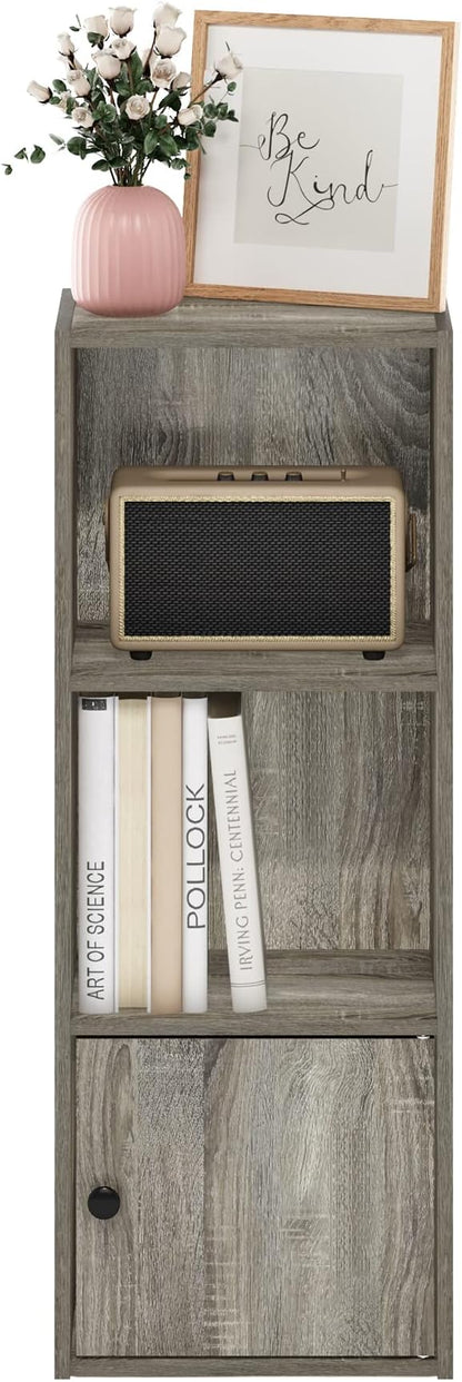 Furinno LUDER Book Shelf, 3-Tier Modern Bookshelf, Bookcase with 1 Door Storage Cabinet, 9.3 x 12 x 31.5, for Organization and Storage, for Living Room, Bedroom, Home Office, French Oak