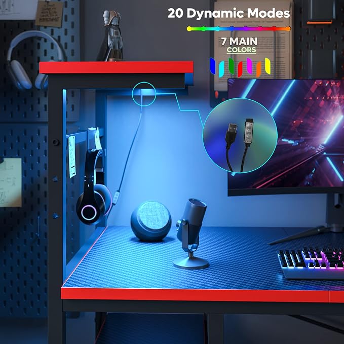 Bestier 61 Inch Gaming Desk with LED Lights, Reversible Shelves, Height Adjustable Shelf, Steel Frame, CARB P2 Class Board, Black 3D Carbon Fiber
