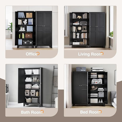 Yizosh Metal Pantry Cabinet,Tall Kitchen Pantry Storage Cabinet with Doors and Adjustable Shelves - 61" Black Cupboard Cabinet for Kitchen, Living Room,Dining Room,Home