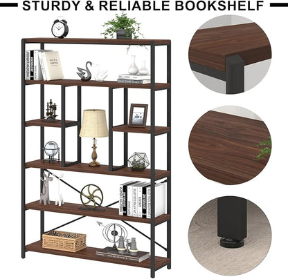 LVB 6 Tier Tall Bookshelf, Wood Metal Bookcases and Book Shelves 6 Shelf, Industrial Large Wide Etagere Book Shelf for Living Room, Vintage Rustic Big Open Bookcase Storage for Bedroom Office, Walnut