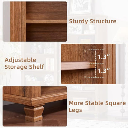 SAVOR LIFE 70" Tall Brown Bookshelf,5 Tier Wooden Book Shelf with Adjustable Shelves & Wood Legs,Free Standing Farmhouse Bookcase with Open Display Storage,Vintage Bookshelves for Classroom, 2PCS
