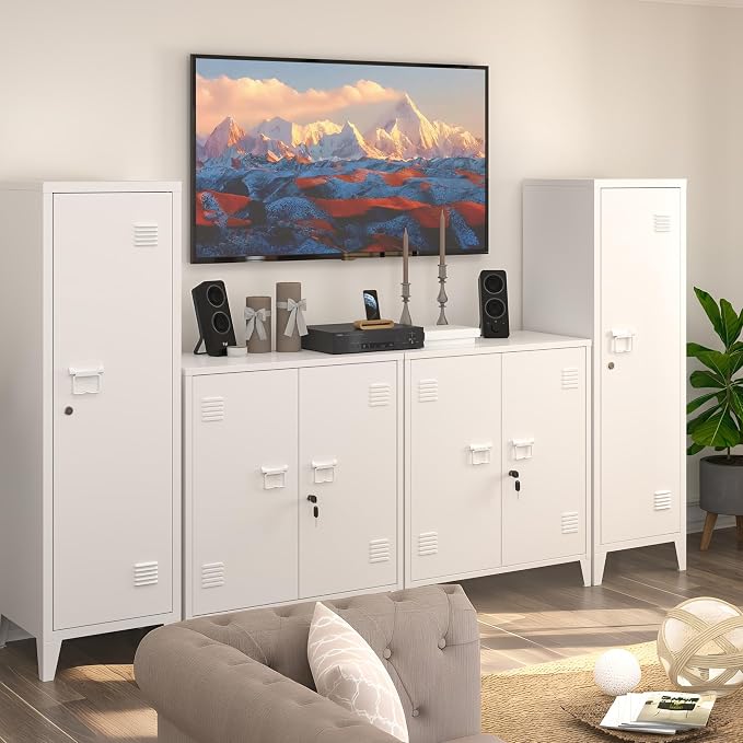 Metal Locker Storage Cabinet Locking Storage Cabinet with Door and Removable Shelves Narrow Storage Cabinet for Kitchen Pantry Bathroom (White)