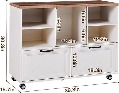 40" Lateral File Cabinet,Farmhouse Wood Small Home Office Storage with Wheels,Filing Cabinet with 2 Drawers for Legal/Letter/ A4 Size