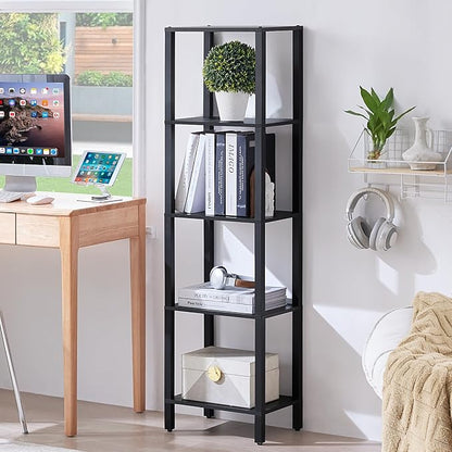 YUFAM 54in Tall Bookshelf 5-Tier Small Narrow Bookcase, Skinny Book Shelf for Small Space, Farmhouse Slim Shelf with Storage, Wood Freestanding Display Thin Bookshelves for Living Room, Office, Black