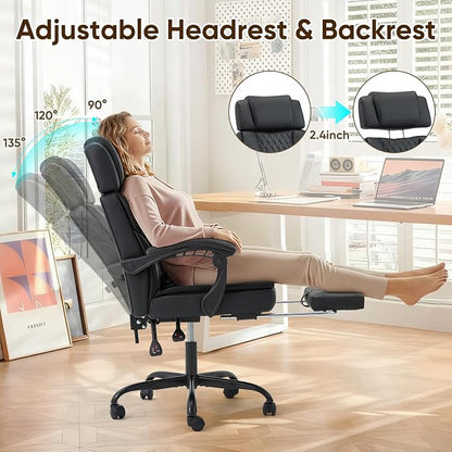 ECOTOUGE Executive Office Chair, Ergonomic Big and Tall Desk Chair with Adjustable Headrest,High PU Leather Comfy Heavy Duty Computer Chair with Foot Rest, Black