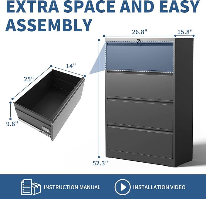 4 Drawer File Cabinet with Lock, Black Metal Lateral Filing Cabinets for Home Office, Heavy Duty Steel Horizontal Locking Storage Cabinet for Legal/Letter/A4 Size File, Assembly Required