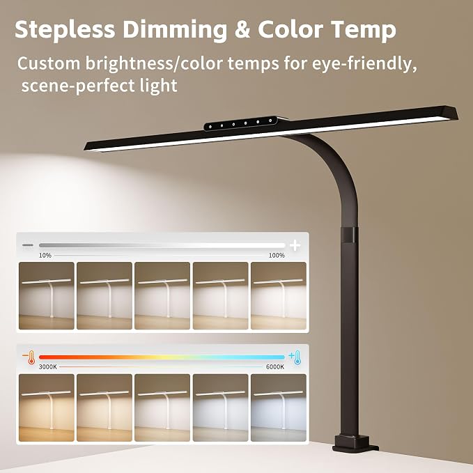 Architect Desk Lamp with Clamp, Eye-Caring Clip on Desk Lights for Home Office, Touch Control Dimmable LED Computer Light with Color Changing, 24W Bright Desktop Lamp for Drawing Crafts, Black