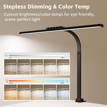 Architect Desk Lamp with Clamp, Eye-Caring Clip on Desk Lights for Home Office, Touch Control Dimmable LED Computer Light with Color Changing, 24W Bright Desktop Lamp for Drawing Crafts, Black