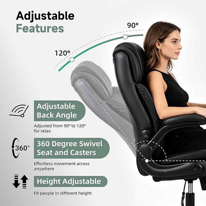 Executive Office Chair with Flip-Up Armrests, PU Leather Ergonomic Computer Desk Chair for Home Office, Computer Chair with Lumbar Support, Thick Seat Cushion & Adjustable Height