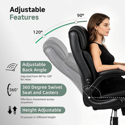 Executive Office Chair with Flip-Up Armrests, PU Leather Ergonomic Computer Desk Chair for Home Office, Computer Chair with Lumbar Support, Thick Seat Cushion & Adjustable Height