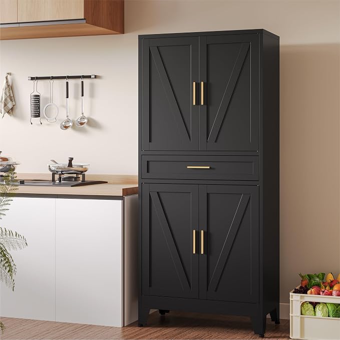 COFaR 71" Modern Pantry Cabinet with Drawer, Black Storage Cabinet with Adjustable Shelves, 3-Section Industrial Cupboard for Kitchen & Office