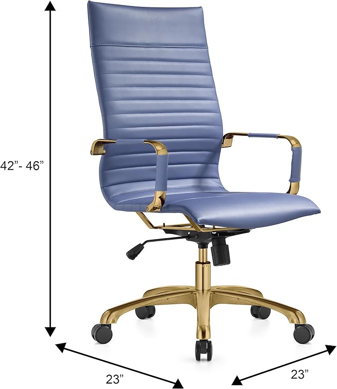 LeisureMod Harris High-Back Task Office Chair - Modern Leather Upholstery with Gold Frame, Ribbed Design 360 Degree Adjustable Swivel for Home, Office, and Study Room