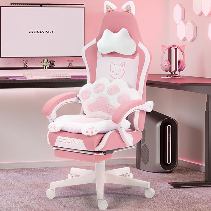 Dowinx Pink Gaming Chair with Cat Ears and Massage Lumbar Support, Ergonomic Computer Chair with Footrest and Headrest, Comfortable Reclining Game Chair 290lbs for Adults, Pink