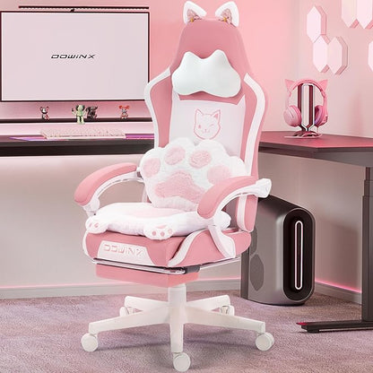 Dowinx Pink Gaming Chair with Cat Ears and Massage Lumbar Support, Ergonomic Computer Chair with Footrest and Headrest, Comfortable Reclining Game Chair 290lbs for Adults, Pink