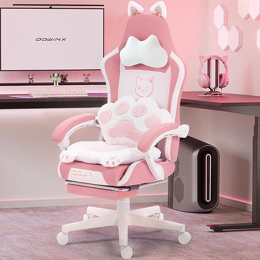 Dowinx Pink Gaming Chair with Cat Ears and Massage Lumbar Support, Ergonomic Computer Chair with Footrest and Headrest, Comfortable Reclining Game Chair 290lbs for Adults, Pink