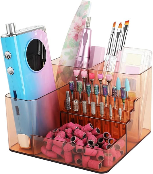 Nail Drill Holder, 21 Holes Nail Drill Machine & Bits Storage Box, Acrylic Nail Drill Bit Holder Professional Nail Tools Organizer, Nail Desk Organizer for Nail Tech (Coffee)