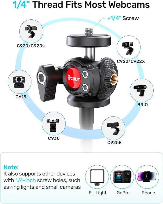 Webcam Tripod Stand with Phone Holder, Gooseneck Arm with 360° Ballhead for Desktop & Overhead Recording, Compatible with Logitech Cam C920 C922 C930e C960 C615 BRIO NexiGo N60 with 1/4'' Thread
