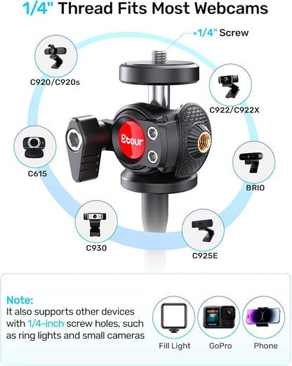 Webcam Tripod Stand with Phone Holder, Gooseneck Arm with 360° Ballhead for Desktop & Overhead Recording, Compatible with Logitech Cam C920 C922 C930e C960 C615 BRIO NexiGo N60 with 1/4'' Thread