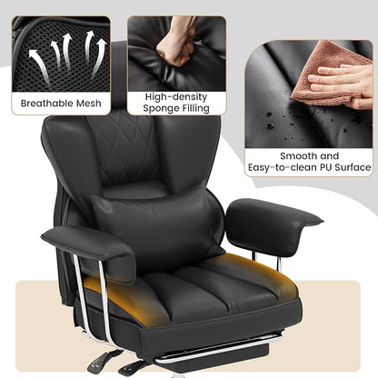 COSTWAY 400 LBS Big and Tall Office Chair, PU Leather Executive Desk Chair w/Retractable Footrest, Reclining Function, Lumbar Support, Ergonomic High Back Home Computer Task Chair (Black)