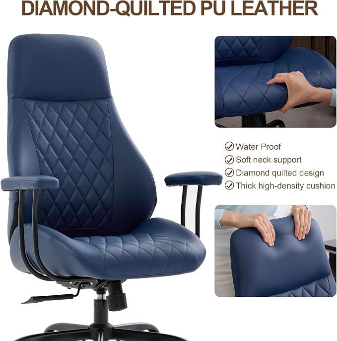 Office Chair with Rubber Wheels, Ergonomic Computer Chair 500 lbs, Leather Desk Chair with Lumbar Support, Executive Chair Adjustable Height & Recline, Blue | Ergonomic, Lumbar Support, 360° Swivel & Rolling Wheels, Adjustable Height, for Adults & Women