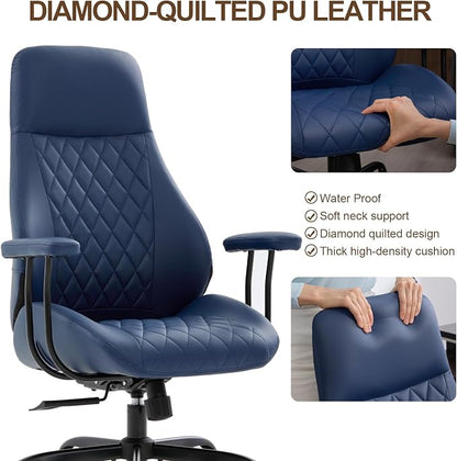 Office Chair with Rubber Wheels, Ergonomic Computer Chair 500 lbs, Leather Desk Chair with Lumbar Support, Executive Chair Adjustable Height & Recline, Blue | Ergonomic, Lumbar Support, 360° Swivel & Rolling Wheels, Adjustable Height, for Adults & Women