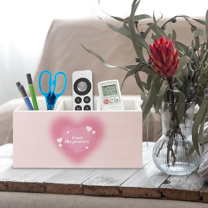 Preppy Pink Heart Aura Inspirational Wooden Pen Pencil Holder for Office Desk Accessories, Trust the Process Spiritual Positive Makeup Brush Toothbrush Holder Organizer