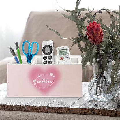 Preppy Pink Heart Aura Inspirational Wooden Pen Pencil Holder for Office Desk Accessories, Trust the Process Spiritual Positive Makeup Brush Toothbrush Holder Organizer
