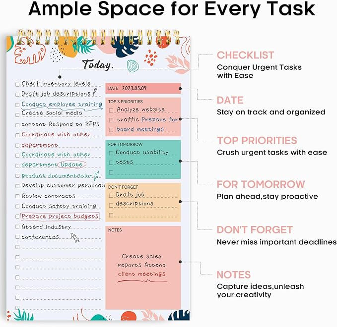 Taja To Do List Notepad - To Do List Notebook for Work with 52 Sheets, 9.8" x 6.5", Undated Daily Planner Perfect for Daily Tasks and Goal Setting, Notepad Suitable for Office, Home & School - Blossom Grove
