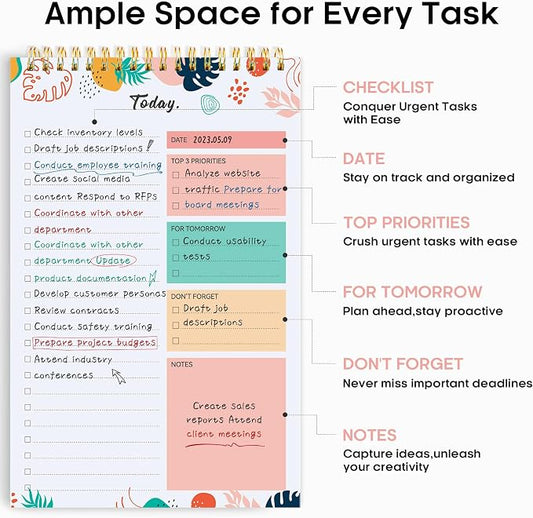 Taja To Do List Notepad - To Do List Notebook for Work with 52 Sheets, 9.8" x 6.5", Undated Daily Planner Perfect for Daily Tasks and Goal Setting, Notepad Suitable for Office, Home & School - Blossom Grove