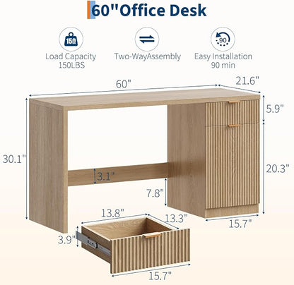 GarveeHome 60" Executive Desk with Storage, Modern Home Office Desk with Drawer & Cabinet, Wood Fluted Computer Desks Workstation Writing Conference Table for Study, Living Room, Bedroom, Natural Oak