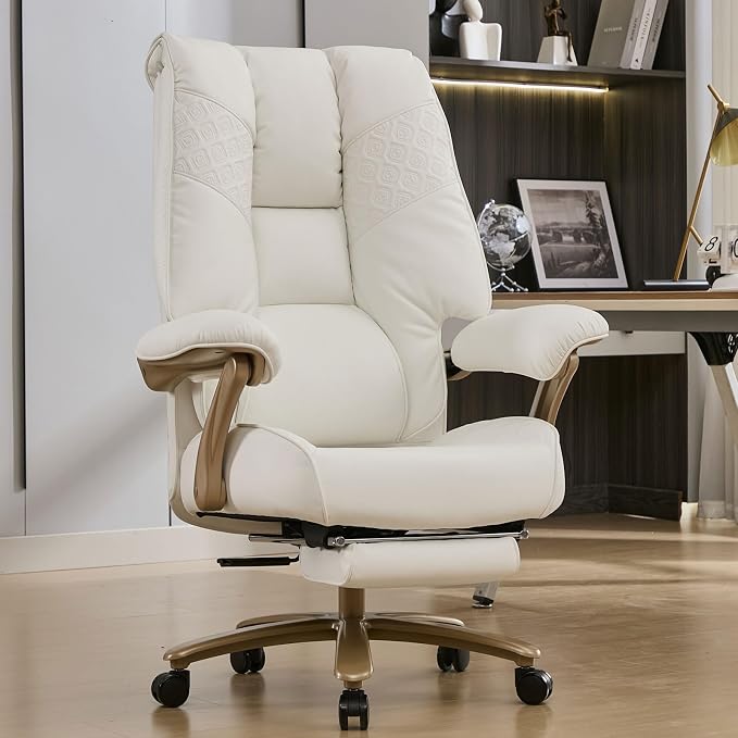 EXCEBET Big and Tall Executive Office Chair with Footrest, 400LBS Capacity Ergonomic High-Back Desk Office Chair with Lumbar Support, Padded Armrests & Thick Cushion, White PU Leather Chairs