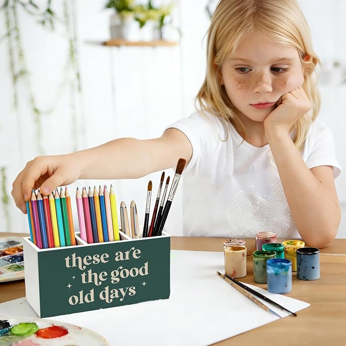 Green Inspirational Pen Pencil Holder for Desk, Motivational Inspirational Gifts, These Are the Good Old Days Positive Affirmation Wooden Box Sign Decorations for Home Office Desk Tabletop