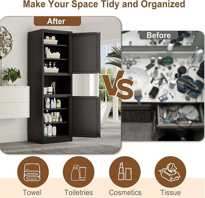 pozdeg 67" Tall Narrow Storage Cabinet, Metal Bathroom Cabinet with 2 Doors & 4 Adjustable Shelves, Freestanding Slim Pantry Organizer for Bathroom Kitchen Living Room (Black)