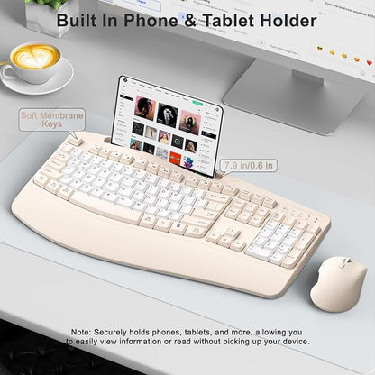 Wireless Keyboard and Mouse Combo, 2.4G Full Size Wave Keys Ergonomic Keyboard with Wrist Rest, Phone Holder, 3-Level DPI Wireless Silent Mouse with 6-Buttons, for Windows (Milk Tea-B)